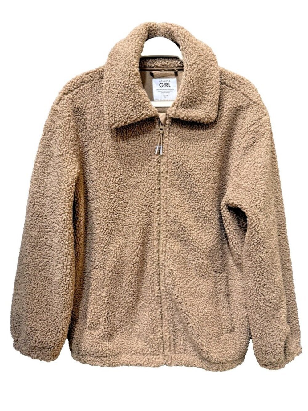 ATHLETA Girl Teddy Fleece Jacket Sz XL / 14 Khaki Brown Zip Sherpa Sweater Coat
